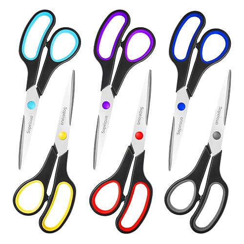 6 Pcs 8” Scissors, Sharp Stainless Steel Comfort Grip for Everyday Use | Right/Left Hand, All Purpose Scissor for Office Home School Craft Sewing Fabric Supplies, High/Middle School Student Teacher