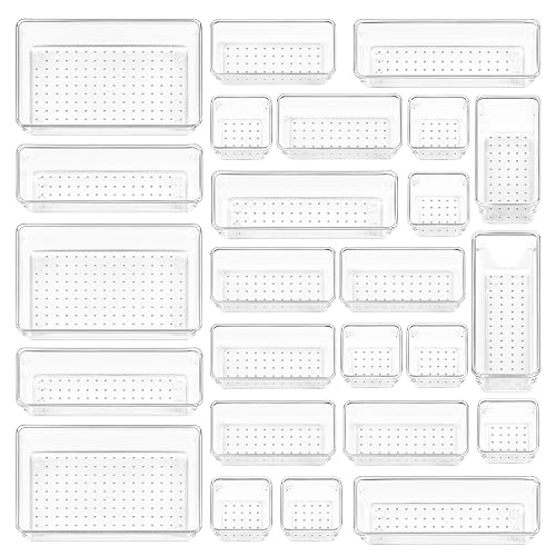 Vtopmart 25 PCS Clear Plastic Drawer Organizers Set, 4-Size Versatile Bathroom and Vanity Drawer Organizer Trays, Storage Bins for Makeup, Bedroom, Kitchen Gadgets Utensils and Office