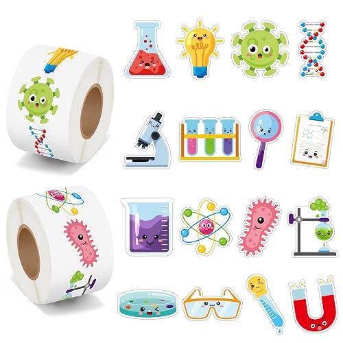 BeYumi Cute Natural Science Sticker - 1000Pcs Back to School Natural Science Stickers in 2 Rolls Waterproof Vinyl Cute Biology Chemistry Laboratory Decals for Kids Student Laptop Bottle Notebook Decor