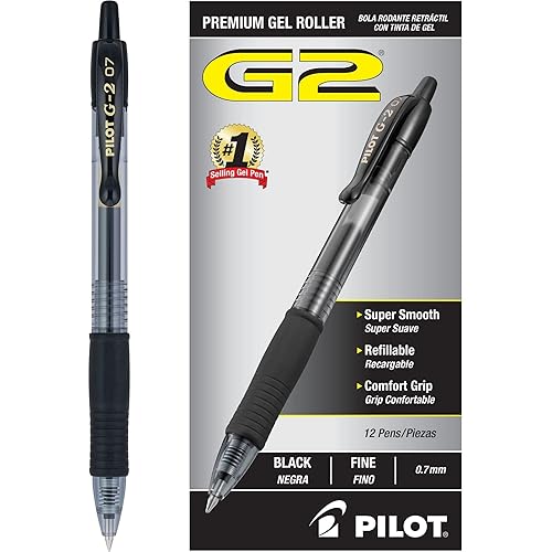 PILOT G2 Premium Rolling Ball Gel Pens, Fine Point, Black Ink, 12 Count | G2 pilot pens, refillable and retractable ball, gel pens for journaling, writing pens, quick-drying ink, contoured grip