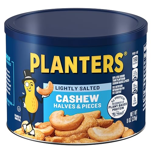 PLANTERS Lightly Salted Halves Cashews, Plant Based Protein, 8 Oz (1 Ct) | Roasted Cashews. Snacks for Adults. Resealable Canister. Plant Based Protein Snack. Pantry Staples