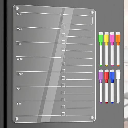 Acrylic Meal Planner Magnetic Menu Board for Kitchen Fridge Planning Board Grocery to Do List Shopping List w/ 8 Markers, Clear Weekly Calendar for Refrigerator Dry Erase Board, 12x9’’