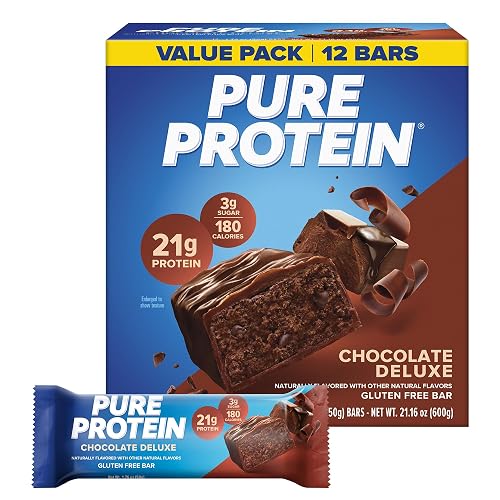 Pure Protein Chocolate Deluxe Protein Bars, 21g Protein, Gluten Free, 12 Ct | 3g Sugar, 190 Calories, Low Sugar* High Protein Snack
