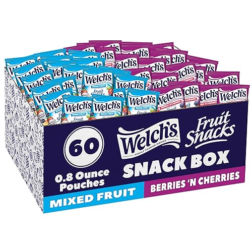 Welch's Fruit Snacks, Mixed Fruit & Berries 'N Cherries Snack Box, Gluten Free, 0.8oz Snack Packs (Pack of 60) | Variety Bulk Box, Made with Whole Fruit, Gluten-Free Snack Packs for Kids and Adults, No Artificial Dyes