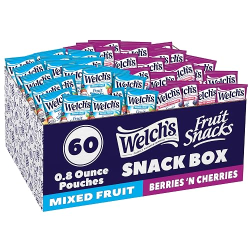 Welch's Fruit Snacks, Mixed Fruit & Berries 'N Cherries, 0.8 oz, 60 Ct | Made with whole fruit, no artificial dyes, gluten free, 25% DV Vitamins A