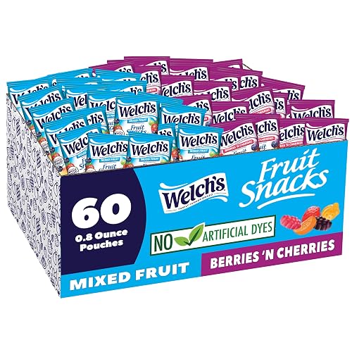 Welch's Fruit Snacks, Mixed Fruit & Berries 'N Cherries, 0.8 oz, 60 Ct | Made with whole fruit, no artificial dyes, gluten free, 25% DV Vitamins A