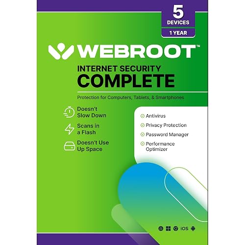 Webroot Internet Security Complete | Antivirus Software 2026 | 5 Device | 1 Year Keycard for PC/Mac/Chromebook/Android/IOS + Password Manager, Performance Optimizer and Cloud Backup | Packaged Version