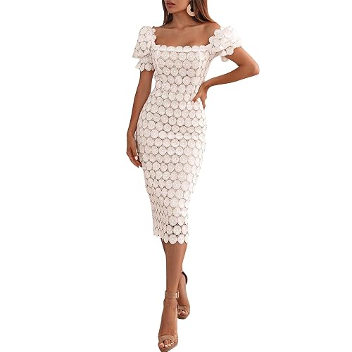 Cololura Elegant Sexy Floral Lace Short Sleeve Off Shoulder Evening Gown Party Formal Bodycon Midi Dress