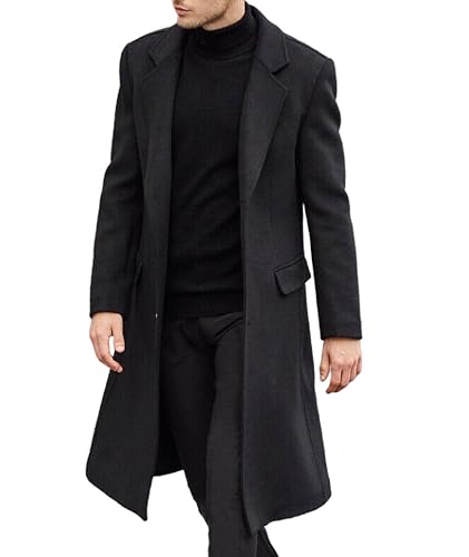 SOMTHRON Mens Trench Coat Single Breasted Long Pea Coat Overcoat | Notched Lapel, Slim Fit, Big and Tall, Business Formal Casual Suit Jacket, Winter Warm Windbreaker, Black Wool Dress Coat