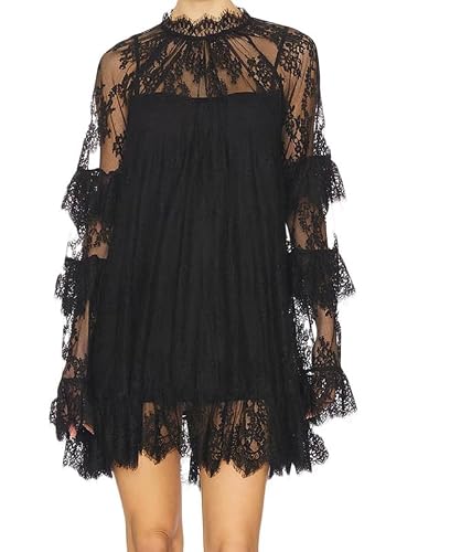 Women See Through Long Sleeve Lace Mini Dress Ruffle Layered Sheer Lace Short Dresses Sexy Going Out Cover Up Dresses