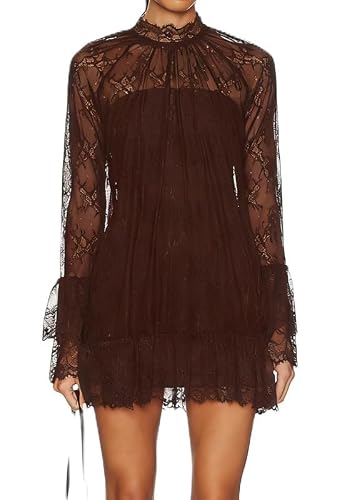 Women See Through Long Sleeve Lace Mini Dress Ruffle Layered Sheer Lace Short Dresses Sexy Going Out Cover Up Dresses