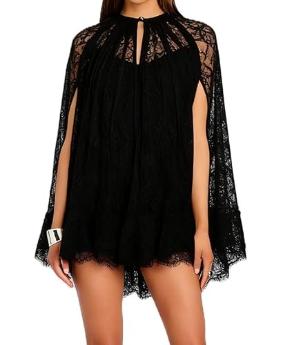 Women See Through Long Sleeve Lace Mini Dress Ruffle Layered Sheer Lace Short Dresses Sexy Going Out Cover Up Dresses