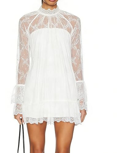 Women See Through Long Sleeve Lace Mini Dress Ruffle Layered Sheer Lace Short Dresses Sexy Going Out Cover Up Dresses
