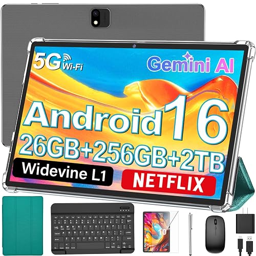 Android 16 Tablet with Keyboard - 10 Inch Electronic Tablets, Green Case | 26GB (6+20) RAM, 256GB ROM, Gemini AI, 8000mAh Battery, 8-Core, Dual Camera, 5G WiFi, Tablet with Case/Mouse/Stylus