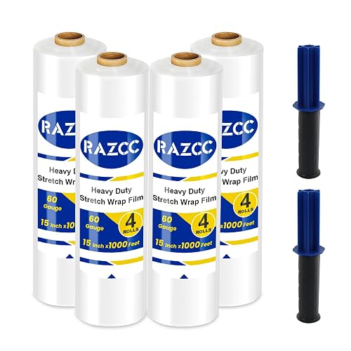 Stretch Film, RAZCC Stretch Wrap Industrial Strength, Shrink Wrap for Pallet Wrap, Heavy Duty Clear Plastic Wrap with Handles, Moving Wrapping Plastic Roll, 15" x 1000 Ft Per Roll, 60 Gauge, 4 Pack