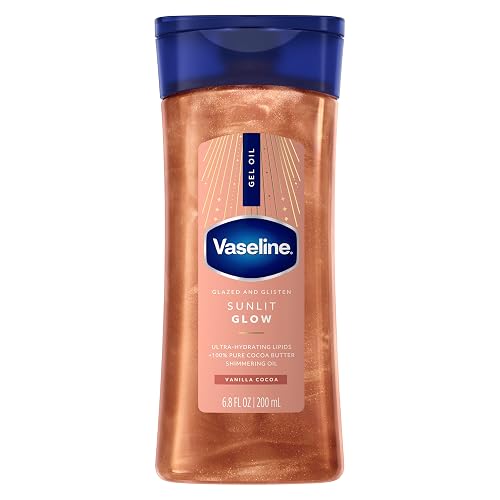 Vaseline Glazed and Glisten Sunlit Glow Body Gel Oil Shimmering 6.8oz 1ct | For glowing skin with peachy shimmer, moisturizes with 100% Pure Cocoa Butter, non-greasy feel & Vanilla cocoa scent
