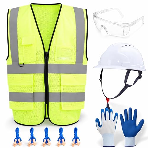 Cuffbow 9 Pcs XL Personal Protective Equipment (PPE) Safety Kit Includes Safety Glasses, Earplugs, Hard Hat, Nitrile Gloves, Reflective Vest for Construction Site Protection, Warehouse Operations