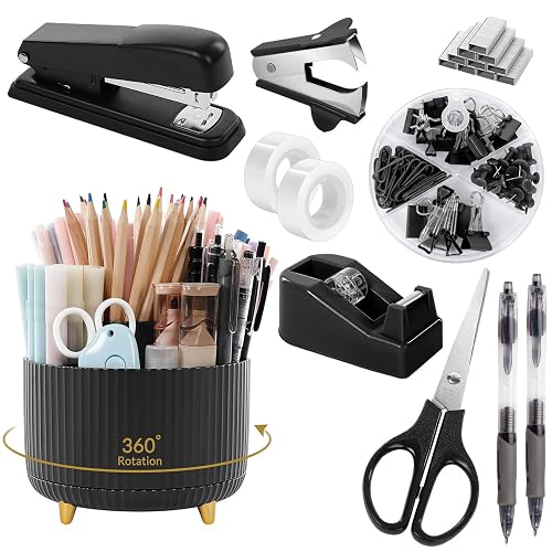SKYDUE Black Office Supplies with Pencil Holder,Desk Accessories 11PCS | Office Desk Accessories Included Stapler with Staples, Staple Remover,Tape Dispenser, Binder Paper Clips Kit,Scissor, Pens
