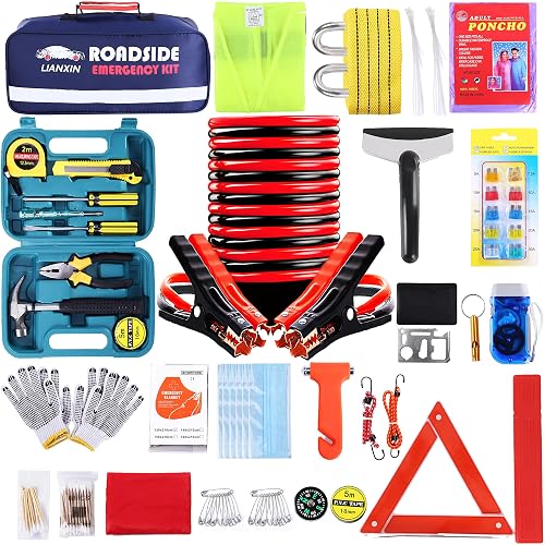142 PCS Emergency Roadside Kit for Car ,Safety Car Kit with Jumper Cables | Roadside Assistance Emergency Kit Warning Triangle, Safety Hammer, Tow Rope, Car Emergency Kit Gifts for New Drivers