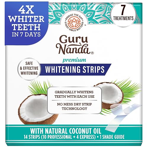GuruNanda Teeth Whitening Strips - 4X Whiter Teeth, 7-Day Whitening Kit | Non-Slip 4 Layer Dry Strip Technology|With Coconut Oil|Promotes Brighter Smile|Gentle on Enamel|Easy to Apply Teeth Whitener