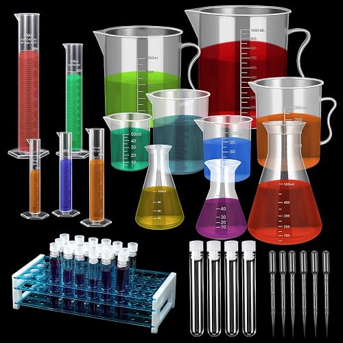65 Pcs Plastic Graduated Cylinder and Beakers, Plastic Test Tubes Set with Rack, Including 5 Graduated Cylinders, Beakers, 3 Erlenmeyer Flasks, 10 Pipettes, 40 Tubes, Ideal for Science Lab DIY