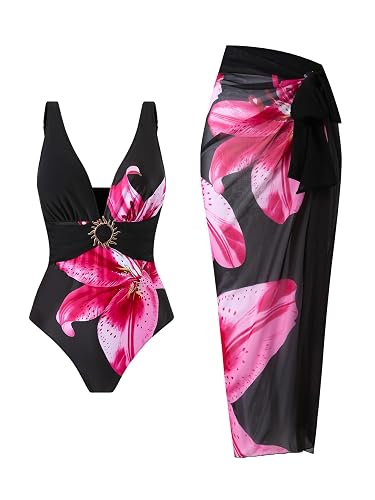 SherryDC One Piece Swimsuit with Cover up Wrap Skirt Sarong Floral Print Plunge V Neck Bathing Suit for Women