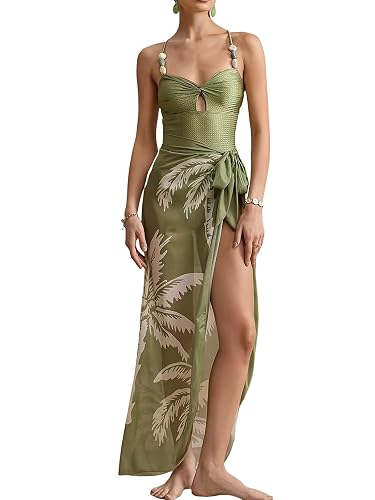 SherryDC One Piece Swimsuit with Cover up Wrap Skirt Sarong Floral Print Plunge V Neck Bathing Suit for Women