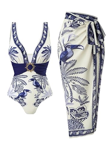 SherryDC One Piece Swimsuit with Cover up Wrap Skirt Sarong Floral Print Plunge V Neck Bathing Suit for Women