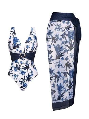 SherryDC One Piece Swimsuit with Cover up Wrap Skirt Sarong Floral Print Plunge V Neck Bathing Suit for Women