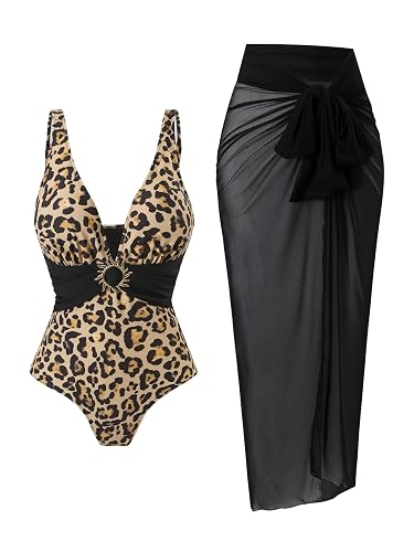 SherryDC One Piece Swimsuit with Cover up Wrap Skirt Sarong Floral Print Plunge V Neck Bathing Suit for Women