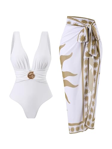 SherryDC One Piece Swimsuit with Cover up Wrap Skirt Sarong Floral Print Plunge V Neck Bathing Suit for Women