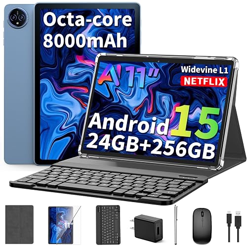 2026 11 Inch Tablet with Keyboard, Android 15 Tablet with Gemini AI(Black) | 24GB+256GB+2TB Expand, 2-in-1 Tablets with 8-Core, WiFi, 8000mAh, GMS, GPS, Electronic Tablets PC with Mouse, Case, Stylus