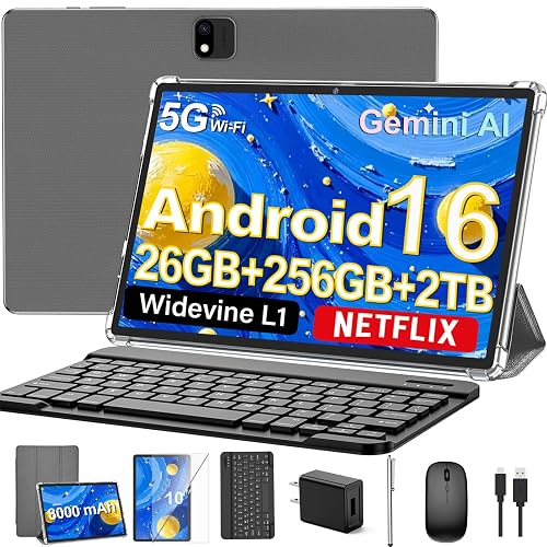 JJGJ Android 16 Tablet with Keyboard, 26GB+256GB+2TB Expand (Silver Case) | 2026 Tablet 10 inch,Electronic Tablet PC with Gemini, 8-Core, 8000mAh, 5G WiFi, GMS, 2 in 1 Tablet with Case/Mouse/Stylus