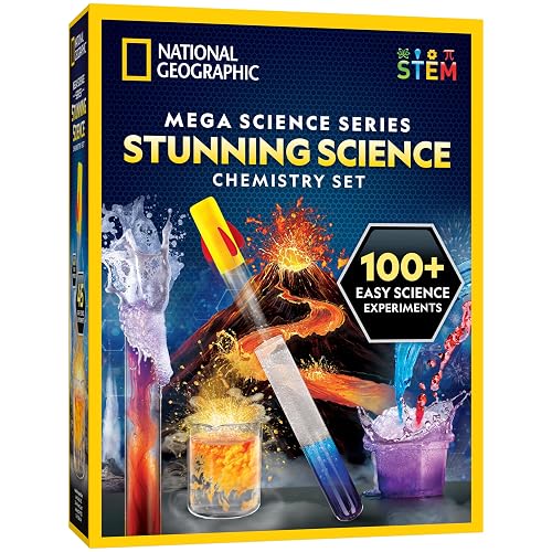 National Geographic Chemistry Set with 45 Experiments for Kids 8-12 | Volcano Eruption, Geyser and Rocket Activities, Hands-On Chemical Reactions, STEM Projects, Science Kit, Birthday Gift
