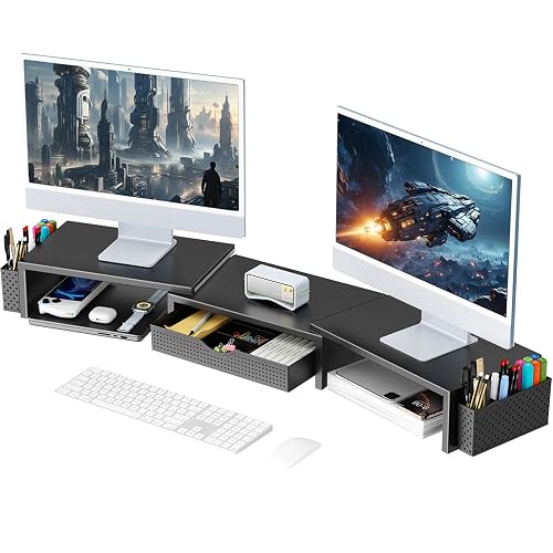 gianotter Dual Monitor Stand Riser With Drawer and 2 Pen Holders | Desk Organizer and Accessories Computer Monitor Stand, Desk Shelf for Top of Desk (Black)