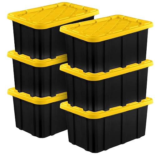 Sterilite 6-Pack Industrial Tote, Plastic Storage Container Bins with Lids, 17 Gallon - Heavy-Duty Organizing Containers for Closet, Bathroom & Office, Stackable Transport Boxes with Secure Handles