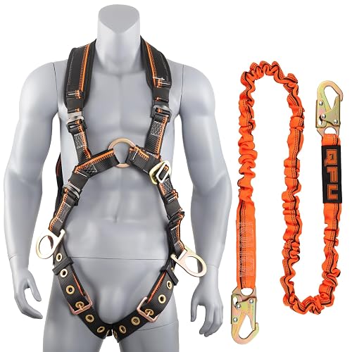 QFU Full Body Safety Harness & Fall Protection Kit with Padded Straps, ANSI Compliant, Includes Shock-Absorbing Lanyard for Roofing, Construction and Industrial Use