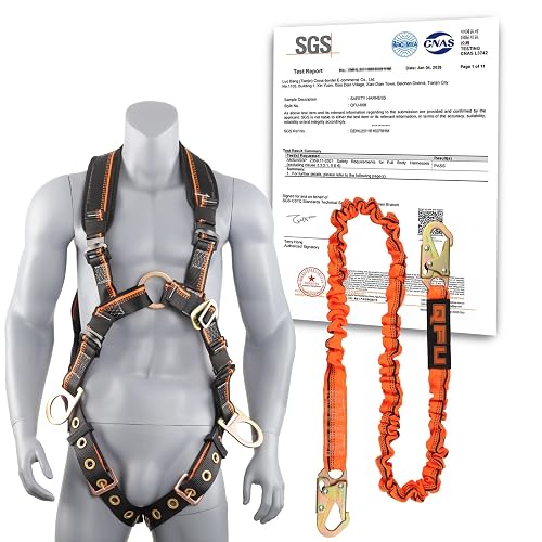 QFU Full Body Safety Harness & Fall Protection Kit with Padded Straps, ANSI Compliant, Includes Shock-Absorbing Lanyard for Roofing, Construction and Industrial Use