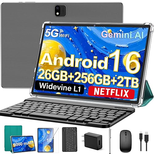 JJGJ Android 16 Tablet with Keyboard, 26GB+256GB+2TB Expand (Green Case) | 2026 Tablet 10 inch,Electronic Tablet PC with Gemini, 8-Core, 8000mAh, 5G WiFi, GMS, 2 in 1 Tablet with Case/Mouse/Stylus