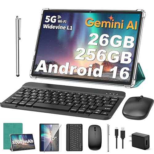 2026 Android 16 Tablet with Keyboard, Gemini AI 10 inch Tablet (Green) | 26GB+256GB+2TB Expand, Electronic AI Tablet with 8-Core, 5G WiFi, 8000mAh, GPS, 2in 1 Tablet PC with Case, Mouse, Stylus