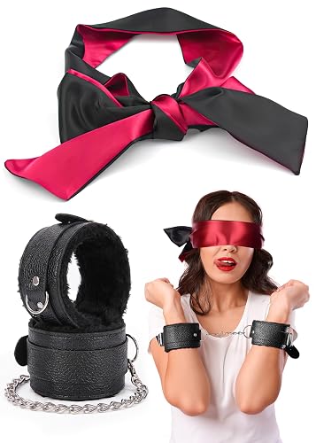Black Satin Eye Mask 59" with Black Padded Fluffy Handcuffs for Grownups, Soft Adjustable Wrist Cuffs Accessories Kit - Black Handcuffs, Eye Mask for Women, Set