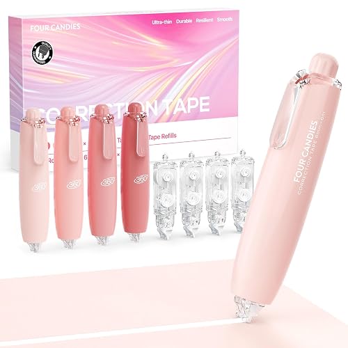 Four Candies Refillable Correction Tape, 4PCS White Tape with 4 Refills | Smooth White Pull-Out Tape for Instant Corrections, Easy to Use Applicator for Office, School Supplies (Pink)