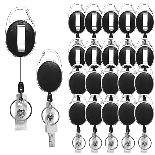 Diateklity 20 Pack Badge Reels Retractable with Carabiner Reel Clip | ID Badge Holder Bulk Card Key Holder with Ring, Sturdy Black Keychain Extender for Office Work Employee