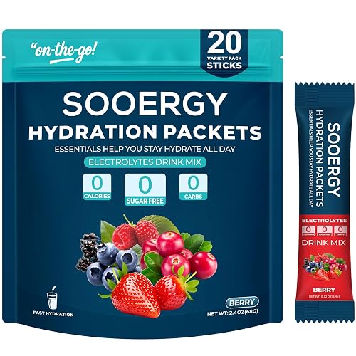 Sooergy Electrolytes Powder Packets Sugar Free Hydration Packets, Liquid Daily IV Electrolyte Drink Mixex for Rehydration with Electrolytes, Vitamins, 0 Calorie, Mix Berry Flavor, 20 Sticks