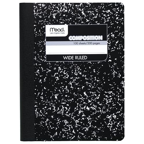 Mead Composition Notebook, Wide Ruled Paper, 7.5" x 9.75", 100 Sheets, Black Marble (09910)