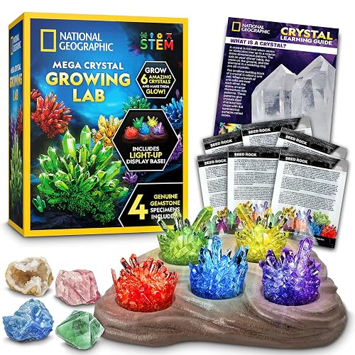 National Geographic Mega Crystal Growing Kit with 6 Crystals for Kids 8-12 | Glow-in-the-Dark Crystal, Light-Up Night Display, 5 Additional Colors, Real Crystal Specimens, Science Kit, Birthday Gift