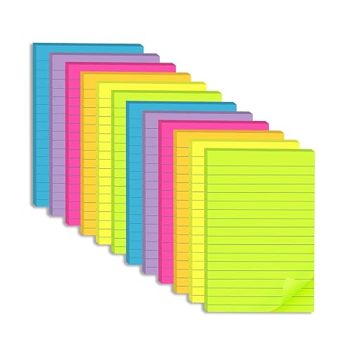 (12 Pack) Lined Sticky Notes 4x6 in,Bright Large Notepads with Lines | Ruled Stickies Super Sticking Power,Office School Memo Note Pads,Post on Windows Doors,Recyclable,Easy to Write on