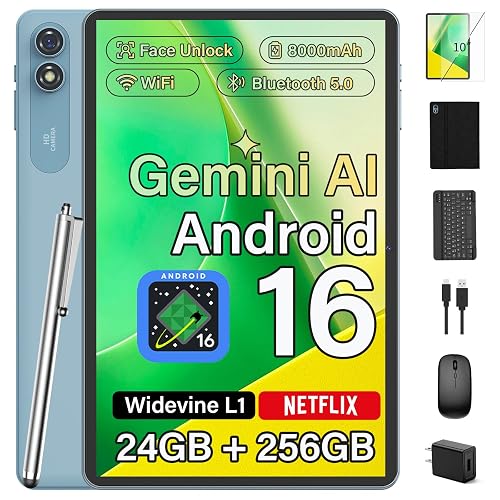 Android 10 inch Tablet with Keyboard, Android 16, 24GB+256GB+2TB-Black Case | Electronic Tablet with 8-Core, Gemini AI, WiFi, 8000mAh, GPS, 2-in-1 Tablet with Case/Mouse/Stylus