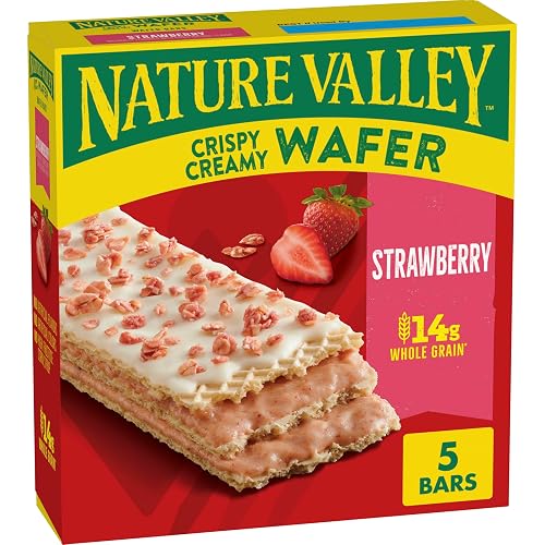 Nature Valley Creamy Wafer Bars, Strawberry, Whole Grain, 5 ct, 6.5 oz | Crispy Whole Grain Wafers, Strawberry Filling, Granola Topping, 14g Whole Grain, No Artificial Flavors