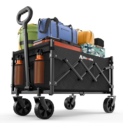 Blomoba Folding Wagon Cart with Wheels, 220lbs Utility Wagon Cart, Black | Collapsible Wagon with 360° All-Terrain Wheels & Adjustable Handle, Foldable Cart for Groceries Camping Sports Gardening
